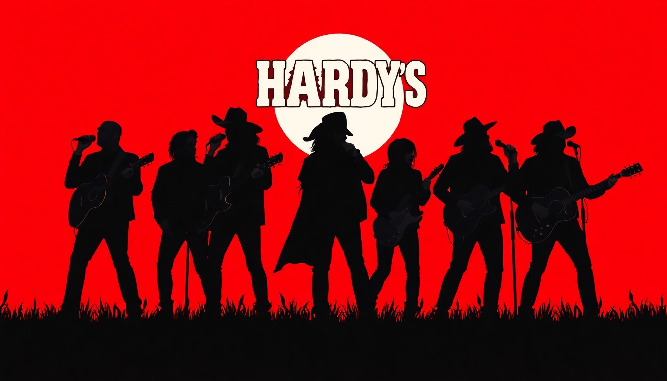 A minimalist, abstract illustration featuring sharp, angular black silhouettes of country music performers against a dramatic red and black background, conceptually representing the energy and excitement of HARDY's Halloween event.