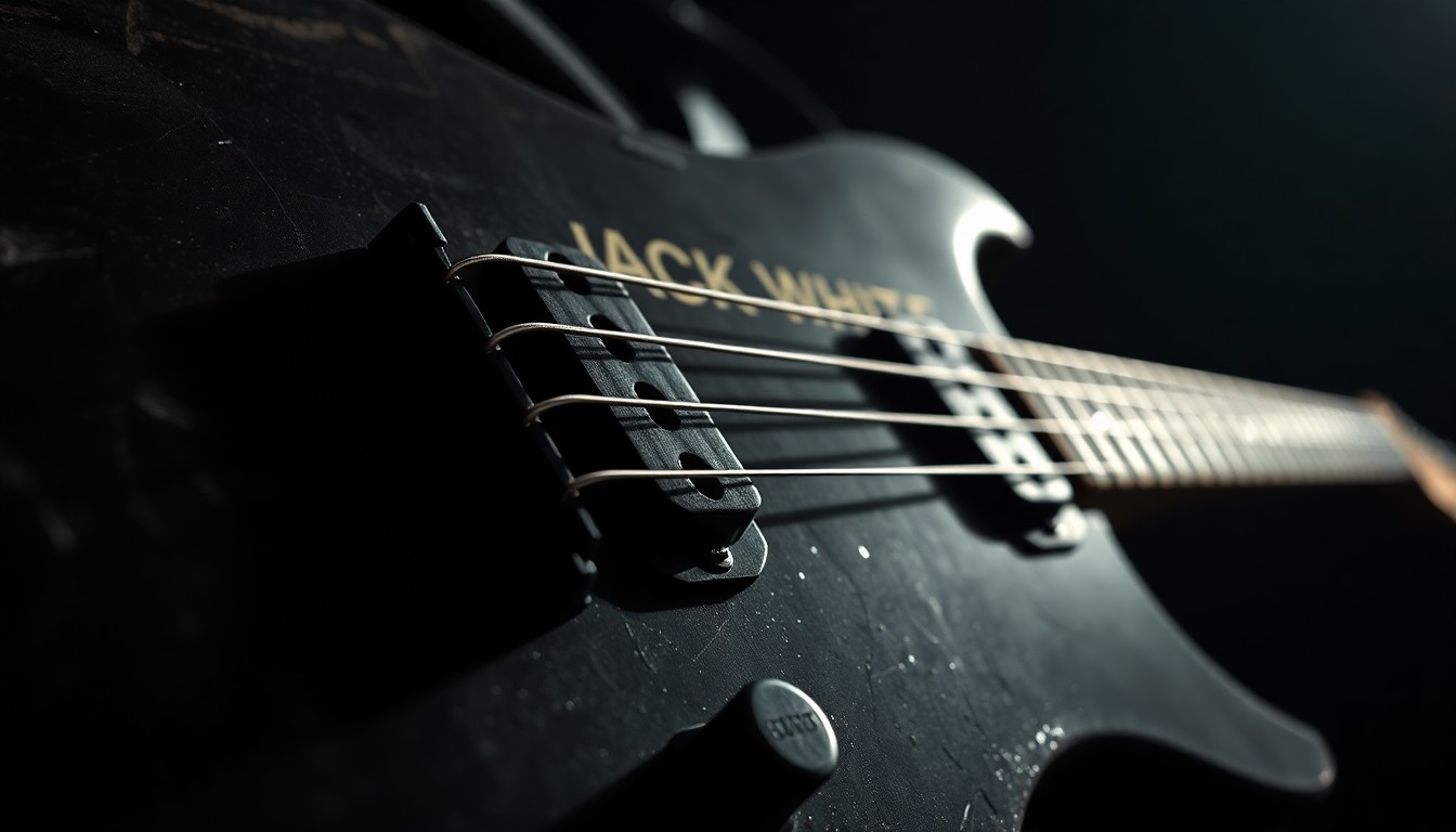 An extreme close-up photograph showcasing the worn, textured surface of a guitar, capturing the rugged, blues-rock aesthetic associated with Jack White's music.