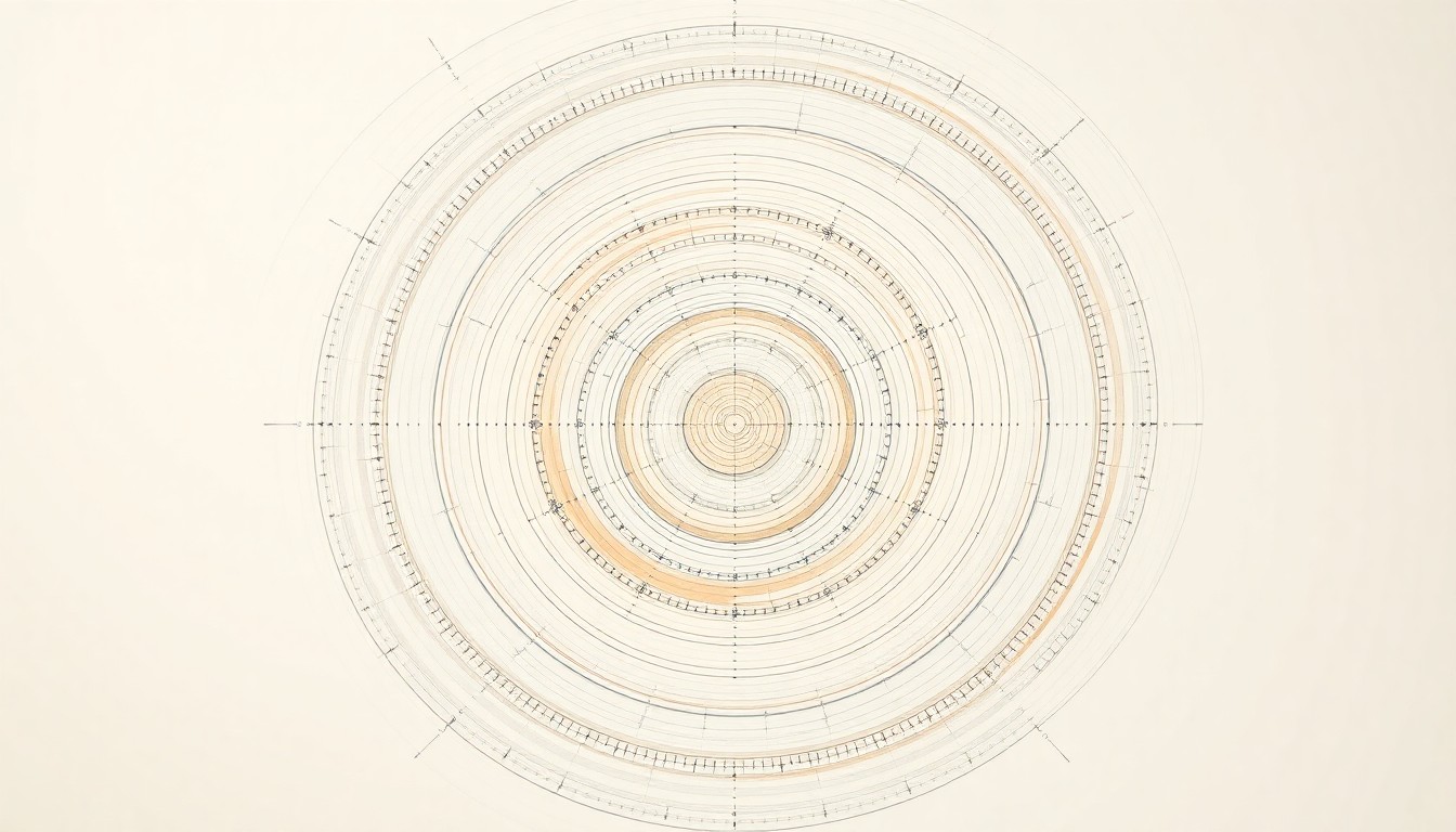 A highly structured abstract painting in soft blues, greens, and grays, featuring sweeping geometric arcs, concentric circles, and precise botanical spirals, conceptually representing the complex nanoscale structure and distribution of battery electrode binders.