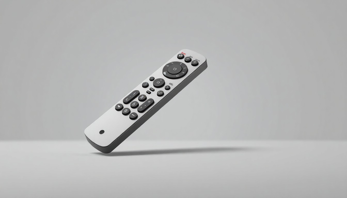 A high-end, photorealistic studio still-life photograph featuring a sleek, modern TV remote control made of polished metal and glass, floating on a clean, monochromatic grey background, conceptually representing the shifting dynamics of how NFL games are distributed and consumed.