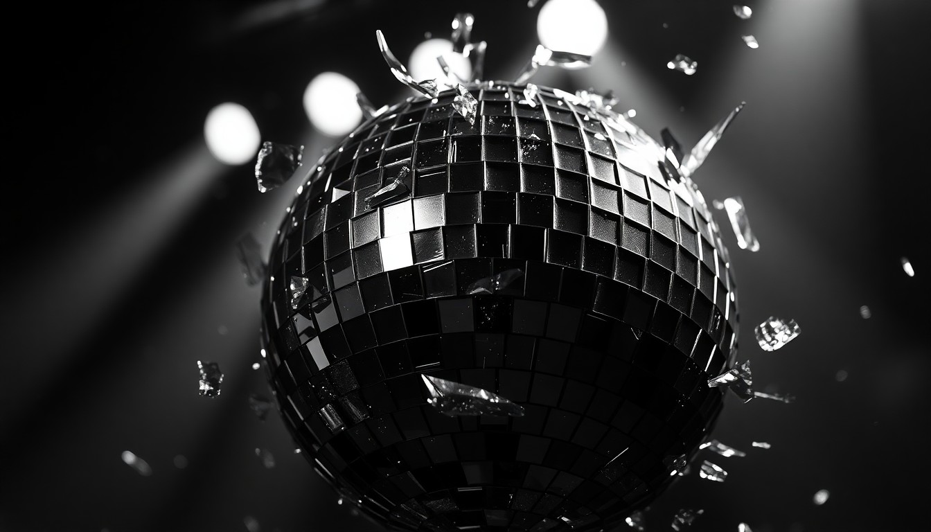 An extreme close-up photograph of shattered, glittering disco ball glass reflecting bright stage lights, creating a high-contrast, abstract, and glamorous visual metaphor for the energy and excitement of a new musical release.