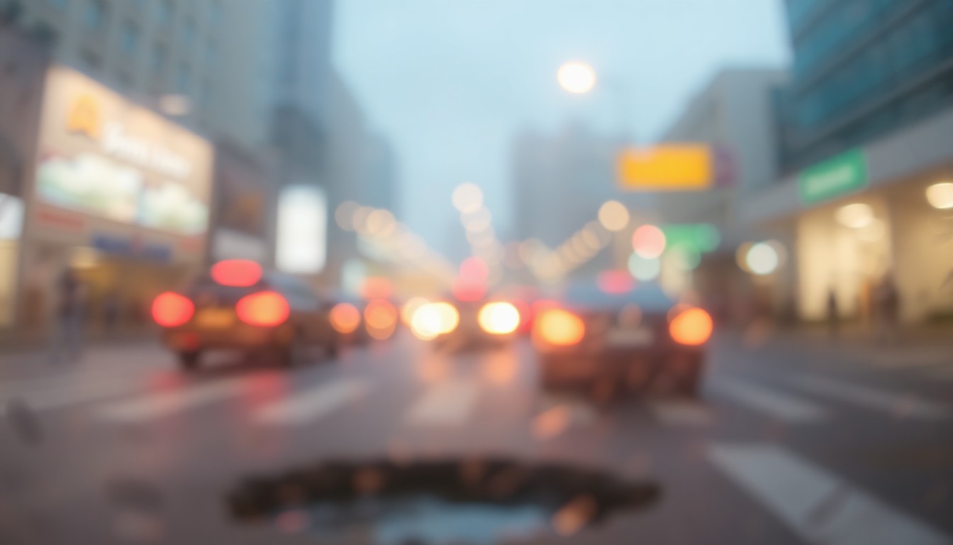 An extremely abstracted, out-of-focus photograph shot through condensation or rain-streaked glass, depicting a blurred and hazy scene of a busy urban street with the faint outline of a pothole in the foreground, conveying the dreamlike and atmospheric mood of the incident.