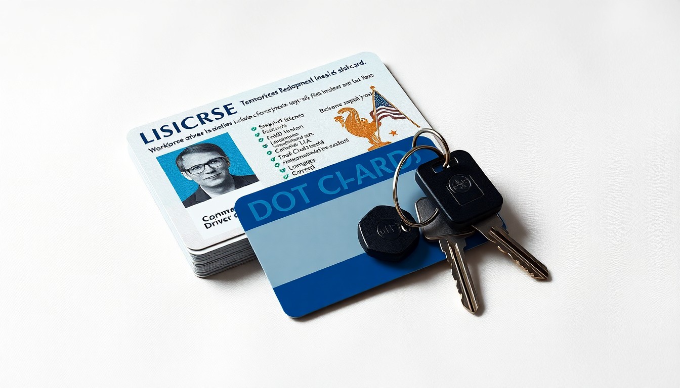 A photorealistic studio still-life image featuring a stack of commercial driver's licenses, a set of truck keys, and a DOT physical card arranged elegantly on a clean, white background, conceptually representing the abstract ideas of workforce development, transportation, and economic opportunity.