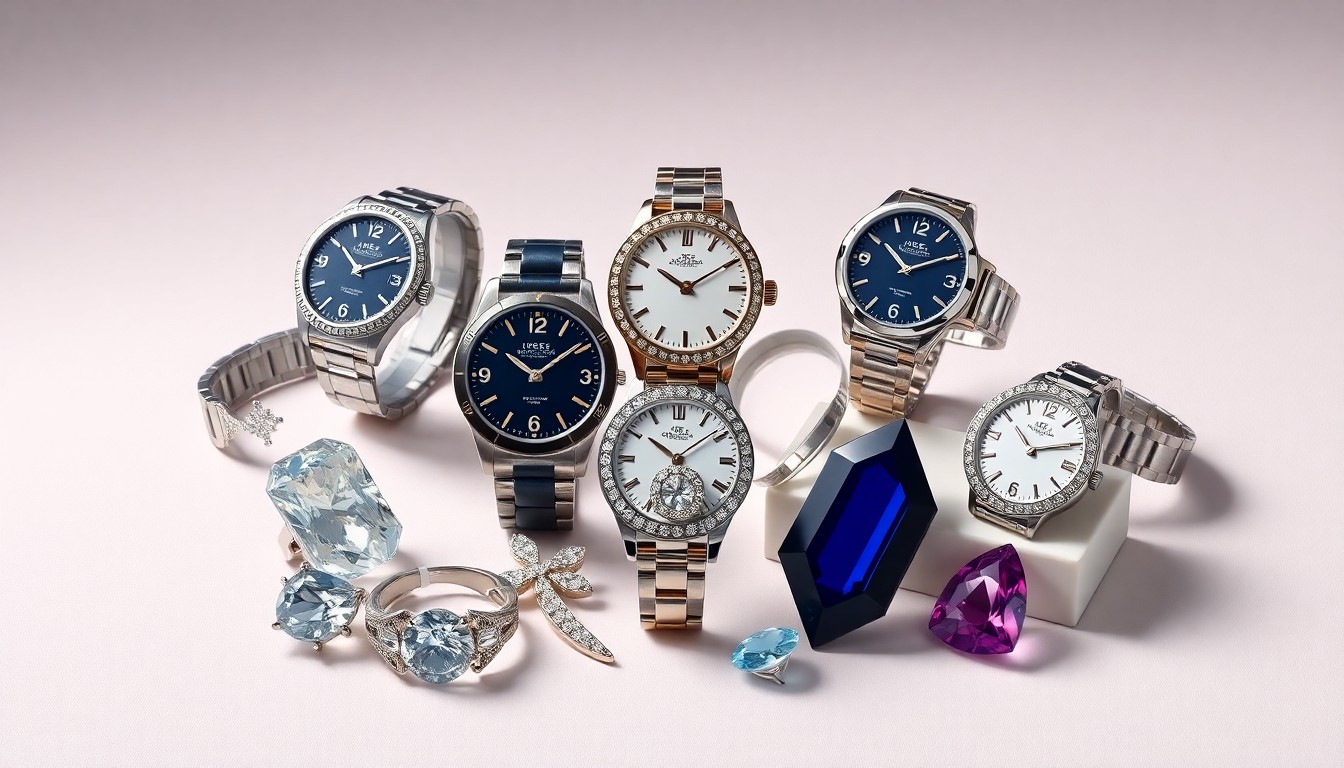 A photorealistic studio still life featuring a collection of luxury watches, diamond jewelry, and rare gemstones arranged elegantly on a clean, monochromatic background, conceptually representing the valuable items up for auction.