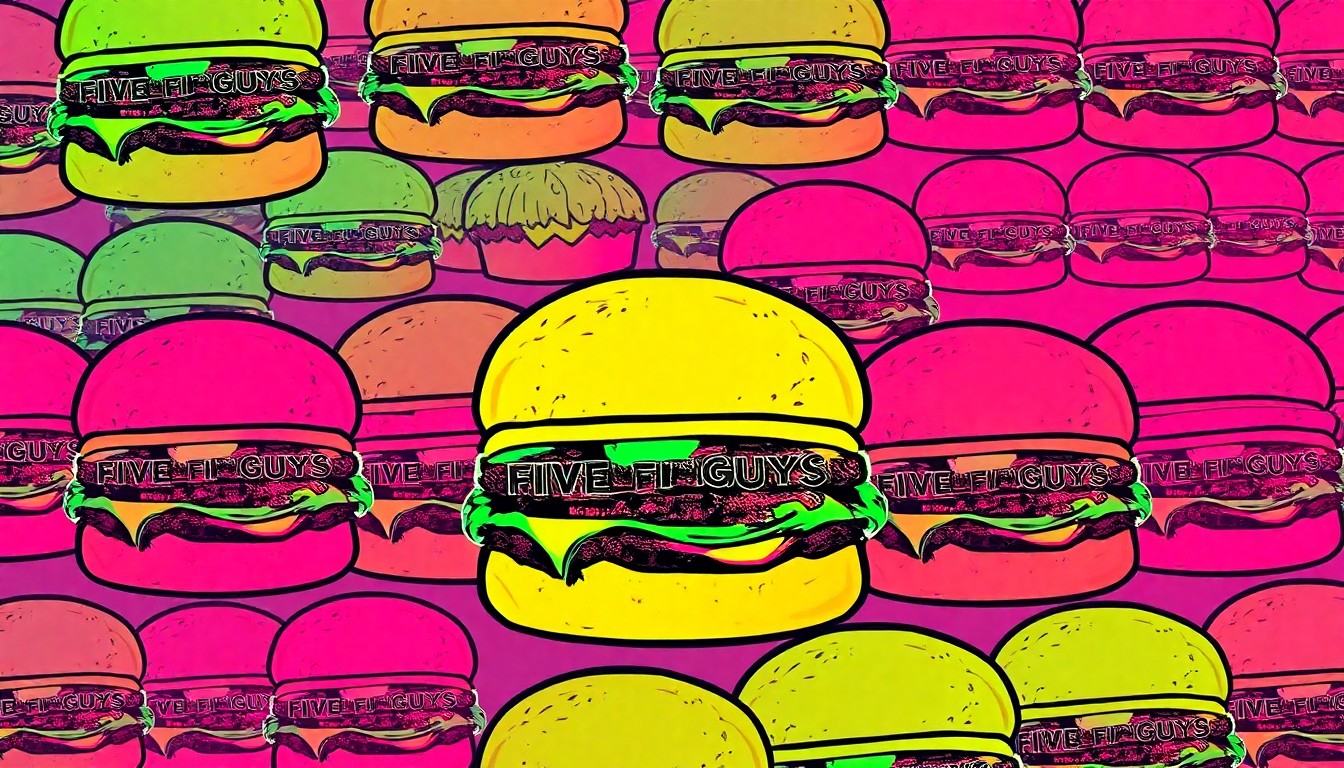 A bold, colorful silkscreen-style illustration featuring a repeated pattern of a single, iconic Five Guys burger, conceptually representing the addition of this beloved brand to the Universal CityWalk entertainment complex.