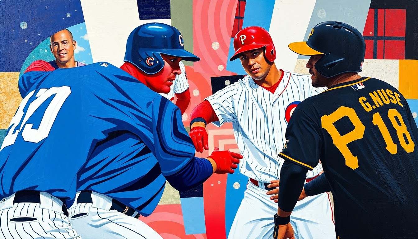 A fractured, cubist-style painting depicting a baseball game, with the players and field broken down into sharp, overlapping geometric shapes in vibrant colors representing the Cubs and Pirates uniforms.