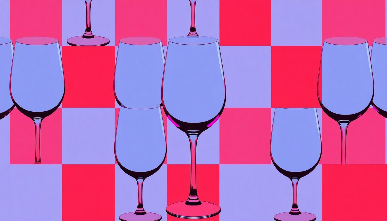 A bold, colorful silkscreen print featuring a single wine glass icon repeated in a grid pattern, capturing the lively energy and celebratory mood of Boise's winery scene.