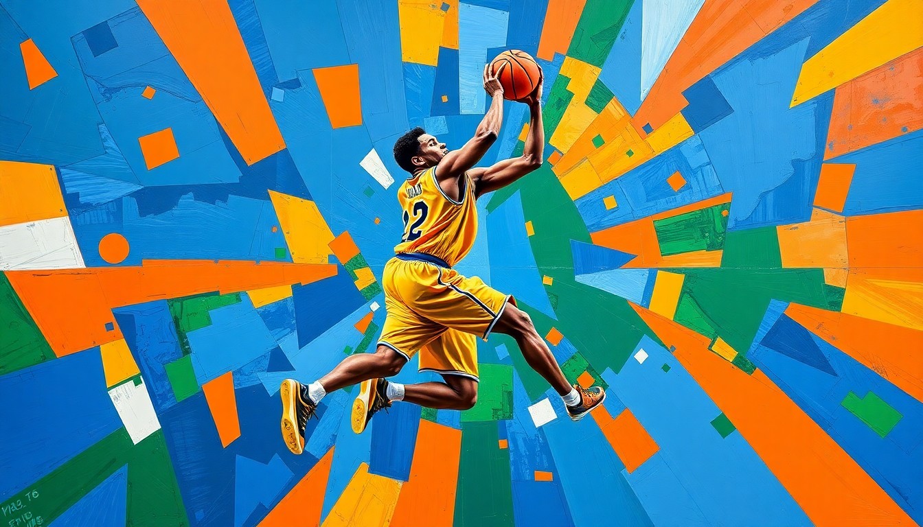 A cubist-style painting depicting a basketball player in motion, with their body and movements broken down into sharp, overlapping geometric shapes and planes in vibrant colors.