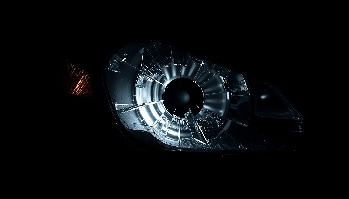 An extreme close-up photograph of a shattered car headlight lens against a pitch-black background, lit by a harsh, direct camera flash, conceptually representing the aftermath of a vehicle collision.