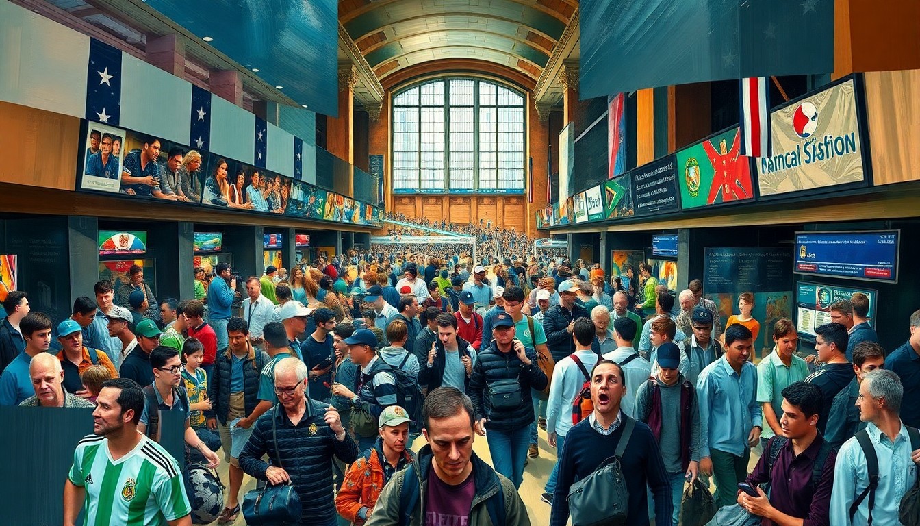A fragmented, cubist-style painting depicting the chaotic scene of World Cup fans and commuters at a crowded Penn Station, with sharp geometric planes and overlapping perspectives conveying the disruption and logistical challenges.