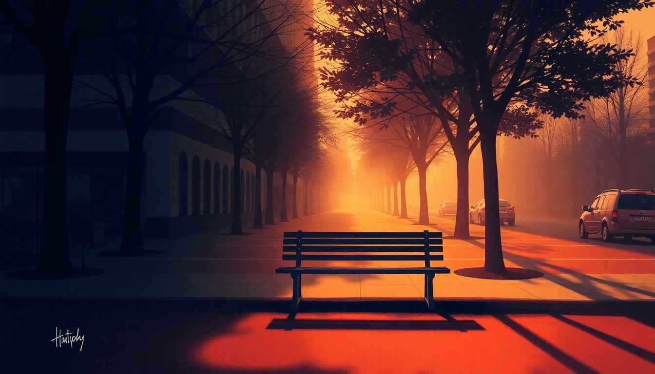 A serene, cinematic painting of an empty park bench on a city street, with warm sunlight casting long shadows across the scene, conveying a sense of solitude and contemplation around the challenges of homelessness.