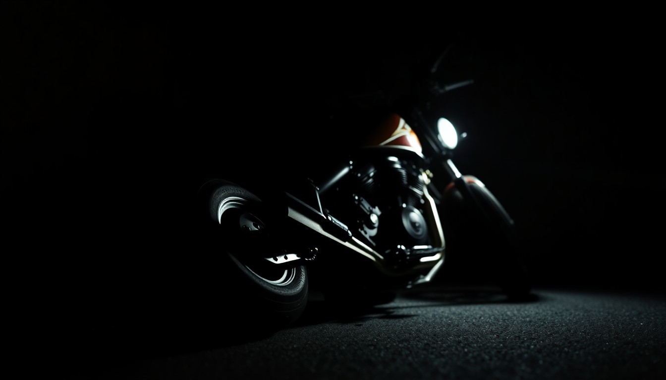 An extreme close-up photograph of a motorcycle part or piece of evidence from the crash site, lit by a harsh, direct camera flash against a pitch-black background, creating a stark, gritty, investigative aesthetic.