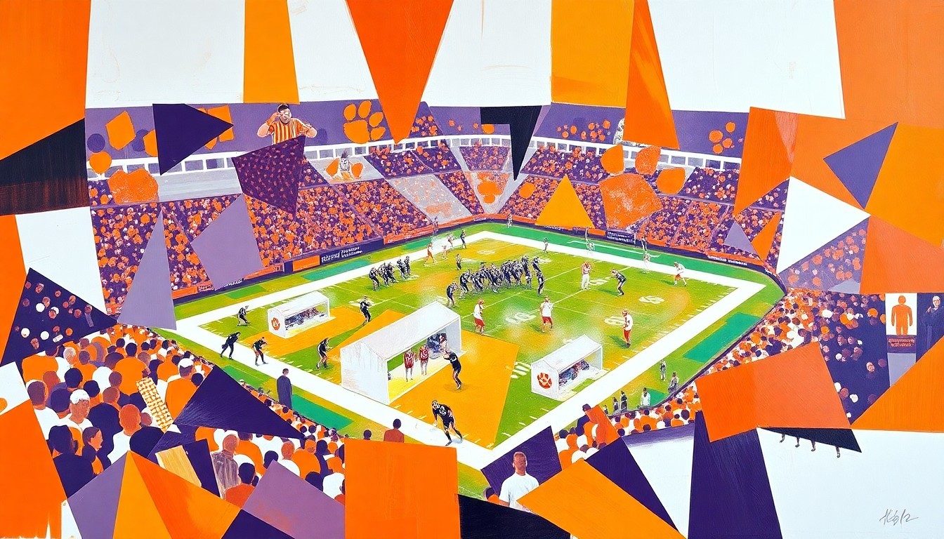 A fractured, multi-perspective painting in vibrant shades of orange, purple, and white, breaking down a Clemson football scene into sharp, overlapping geometric planes to conceptually represent the high-stakes pressure and fractured expectations facing the program.