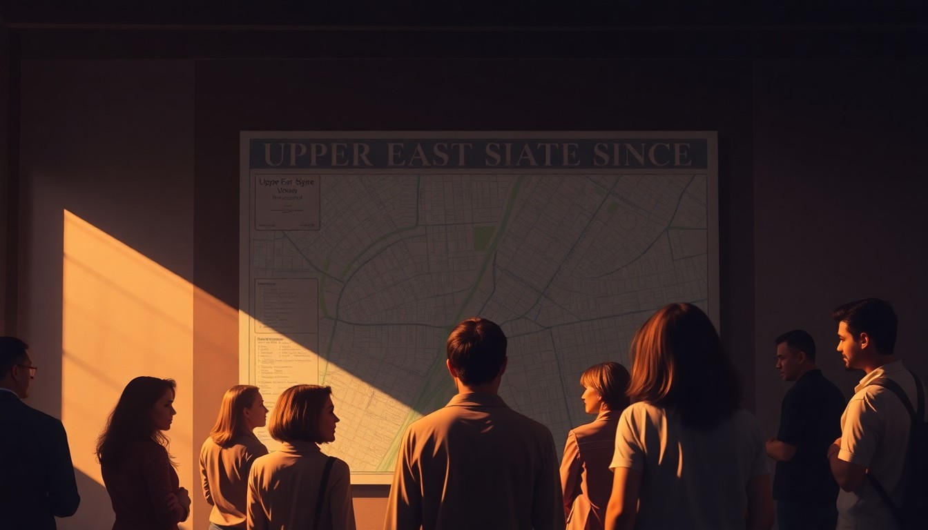 A group of people gathered around a large map of the Upper East Side, the scene bathed in warm, diagonal sunlight and deep shadows, conceptually representing the community engagement of the participatory budgeting process.