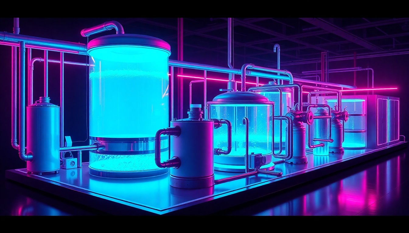 A highly detailed, glowing 3D illustration of a futuristic water treatment facility, with neon cyan and magenta lights illuminating the complex pipes, tanks, and filtration systems, set against a dark, moody background to convey the importance of sustainable water management for data centers.