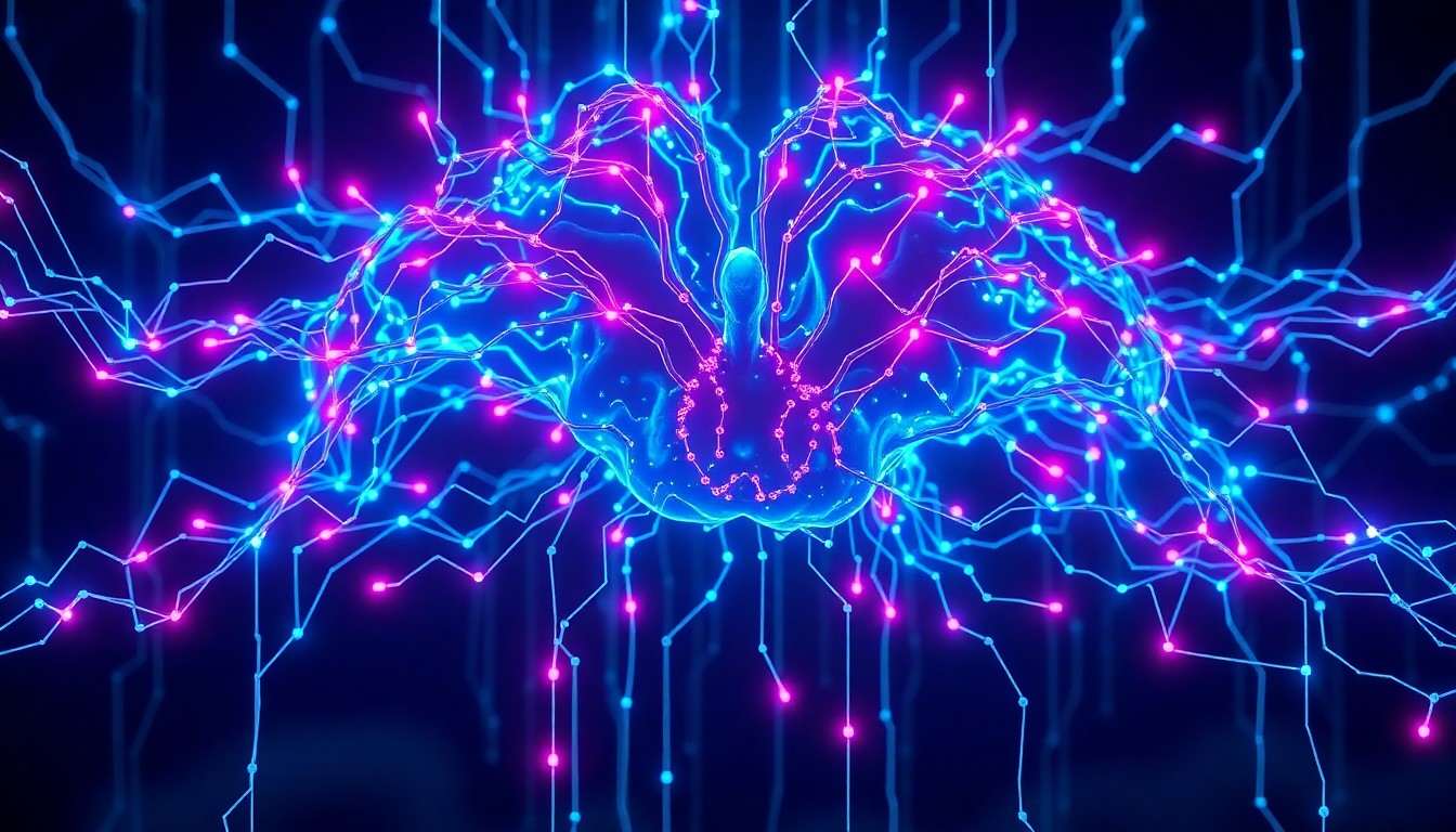 A highly detailed 3D illustration of a glowing, neon-lit AI neural network, with intricate circuits and data flows pulsing with cyan and magenta light, suspended in a dark, atmospheric void to symbolize the power and potential dangers of AI technology.