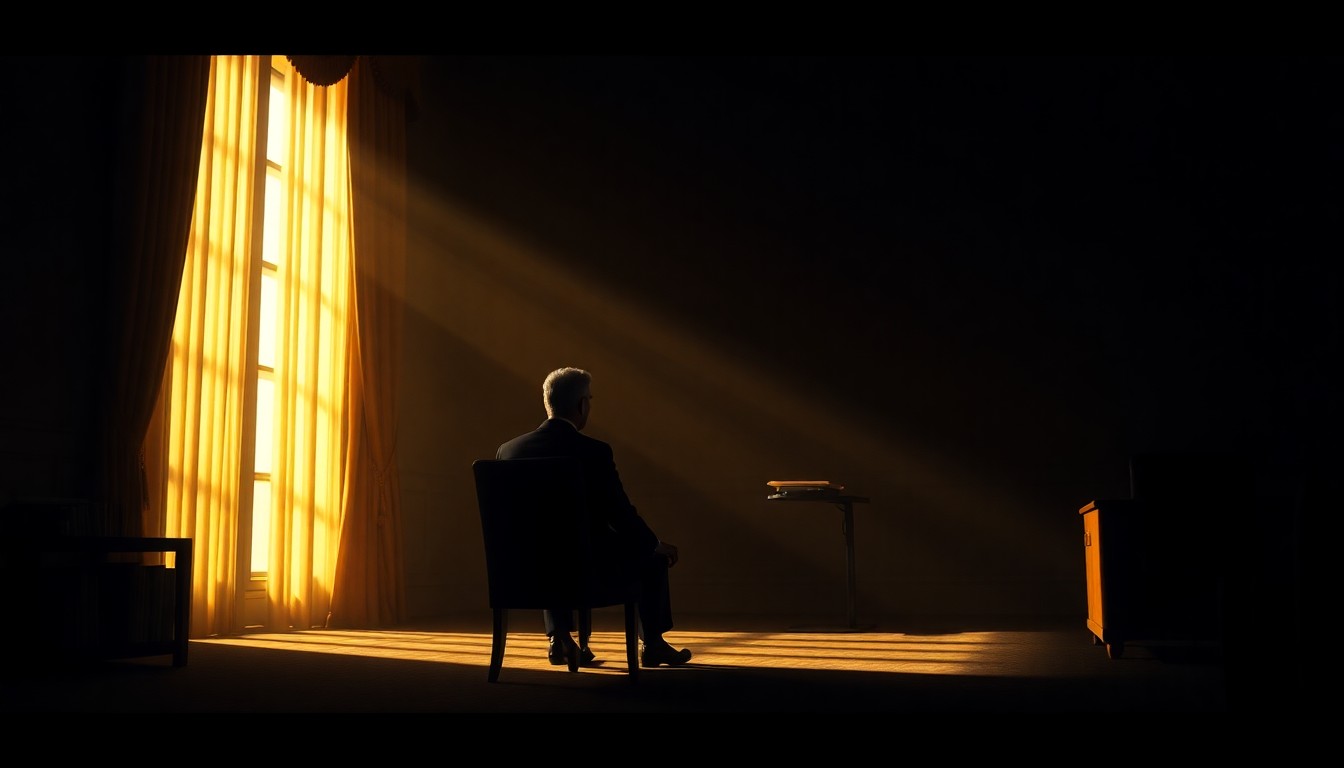 A cinematic painting of a solitary figure sitting alone in a dimly lit political office, the scene bathed in warm, diagonal sunlight and deep shadows, capturing a sense of quiet tension and moral dilemma.