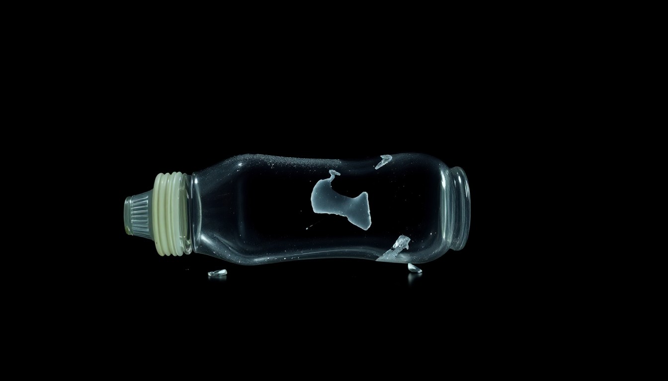 An extreme close-up photograph of a shattered baby bottle against a pitch-black background, the harsh flash creating a stark, gritty aesthetic that conceptually represents the investigation into this tragic crime.