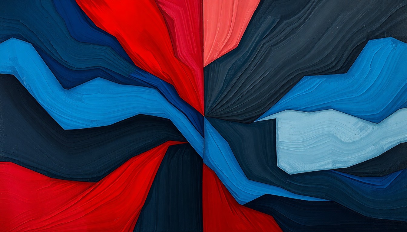 A highly abstract, fragmented painting in shades of blue, red, and grey, depicting a stylized voting booth or ballot box, conveying the complex and contentious nature of the redistricting debate.