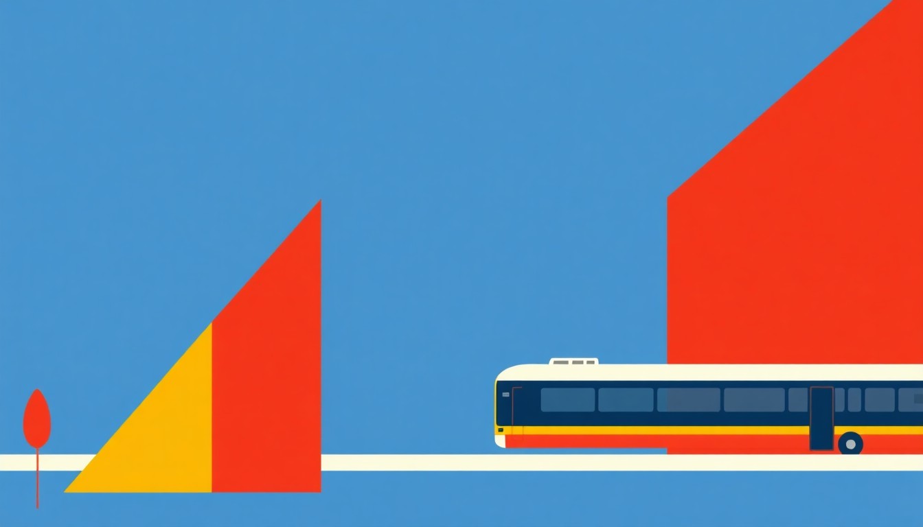 An abstract illustration using bold geometric shapes in primary colors to conceptually represent the financial challenges of municipal budgets, pension obligations, and public transit funding.