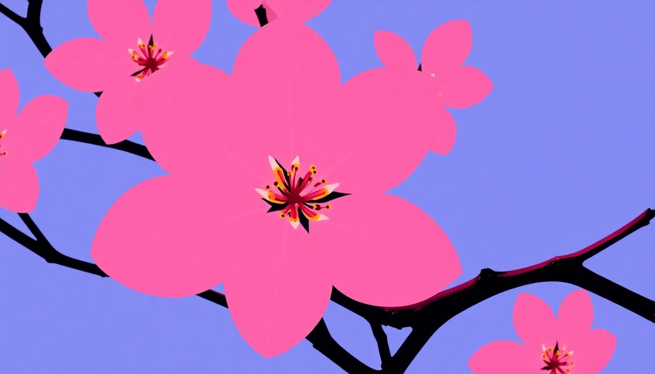 A high-contrast, silkscreen-style illustration featuring a repeating grid of stylized cherry blossom flowers in bright neon pink, purple, and blue hues, conceptually representing the creative energy and community pride of Macon's annual springtime festival.