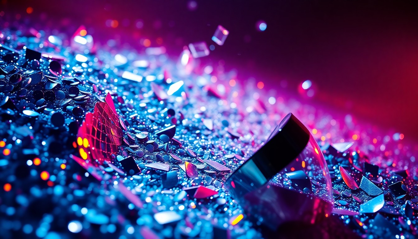 An extreme close-up of shimmering sequins and shattered glass, captured in dramatic studio lighting to create a high-fashion, glamorous aesthetic that reflects the vibrant energy and unpredictable nature of Shearer's live event.