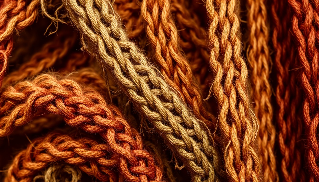 An abstract, high-contrast close-up photograph of intricately woven, textured fabric in warm, earthy tones, conveying the artisanal quality of the home goods sold at Marrs on Main.