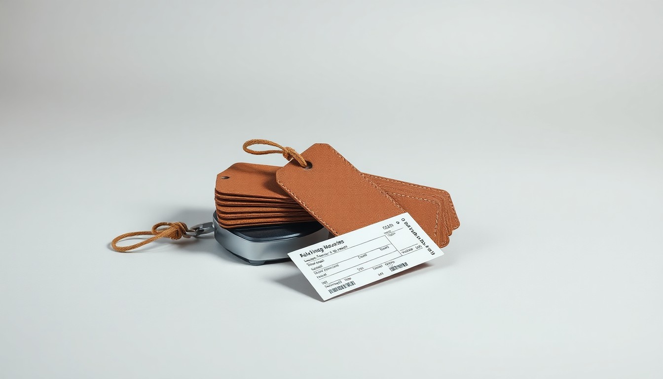 A minimalist studio still life featuring a stack of airline luggage tags, a metal luggage scale, and a single airplane ticket stub, all arranged elegantly on a clean, monochromatic background to symbolize the abstract concepts of rising travel costs and consumer frustration with added fees.