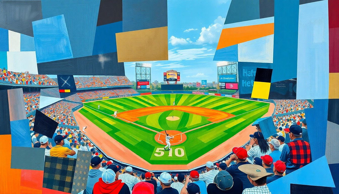 A fragmented, geometric painting in bold colors depicting a baseball game in motion, with players and the field deconstructed into overlapping planes, conveying the dynamic action of the sport.