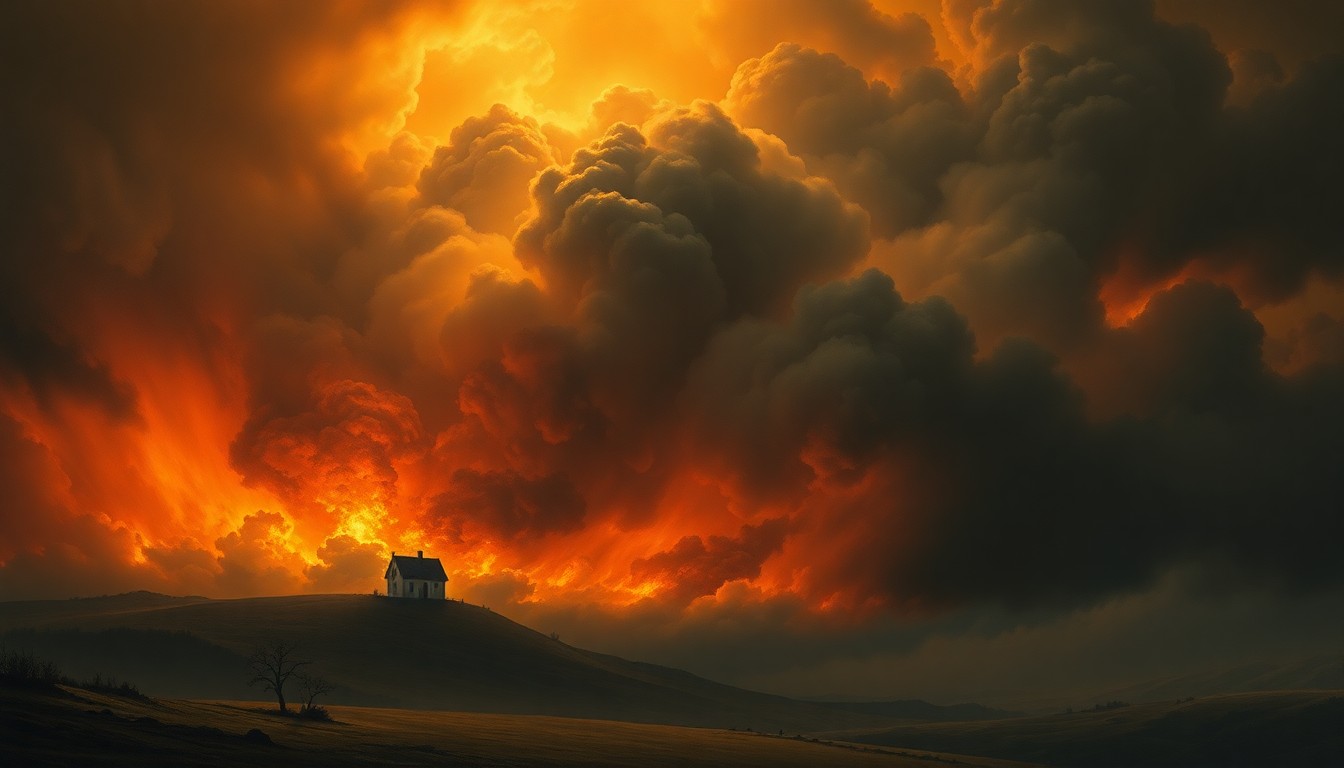 A sweeping, atmospheric landscape painting in muted tones, with a small, isolated house consumed by a raging fire in the distance, the scene conveying a sense of melancholy and the overwhelming force of nature.