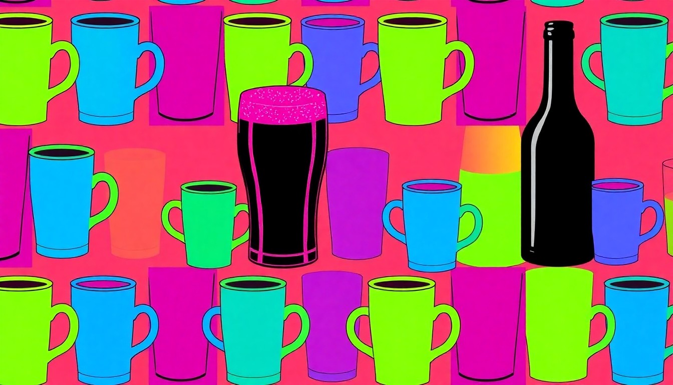 A brightly colored, high-contrast silkscreen print featuring a repeating grid of coffee cups, beer glasses, and wine bottles in vibrant neon hues, conceptually representing the variety of food and beverage options coming to the new Terra Cotta Park development in Twin Falls.