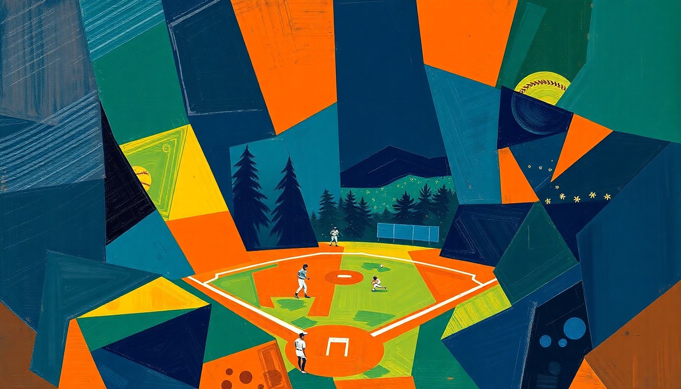 A cubist-style painting depicting a softball game broken down into fragmented geometric shapes and planes in shades of navy, green, and orange, conveying the dynamic energy and multi-faceted nature of the Rebels' recent wins.
