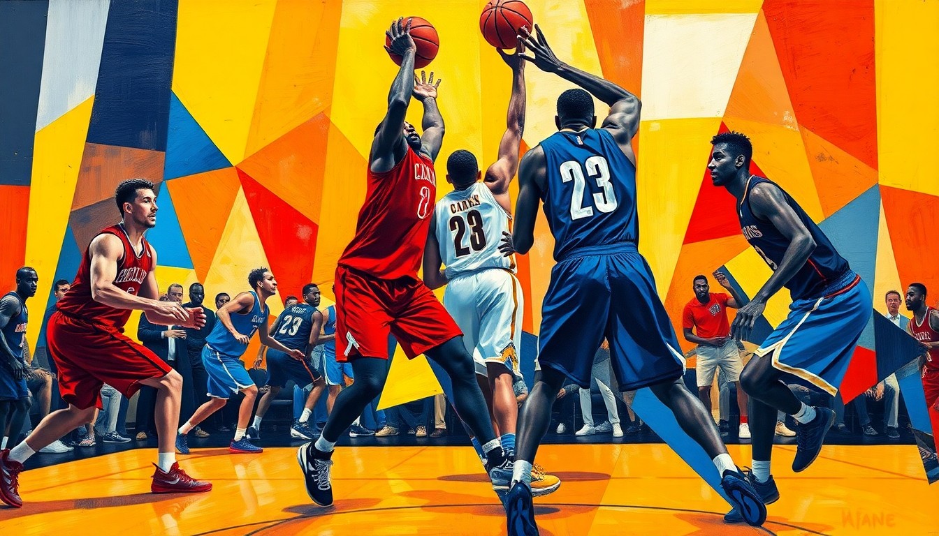 A cubist-style painting featuring fragmented, geometric shapes in a vibrant color palette, capturing the dynamic energy and multi-dimensional nature of college basketball.