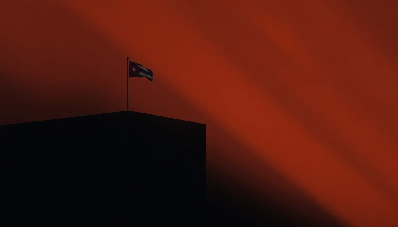 A serene, cinematic painting depicting a Cuban government building or flag in warm, muted tones, with dramatic lighting and shadows, conveying a sense of quiet contemplation and the weight of geopolitical tensions.