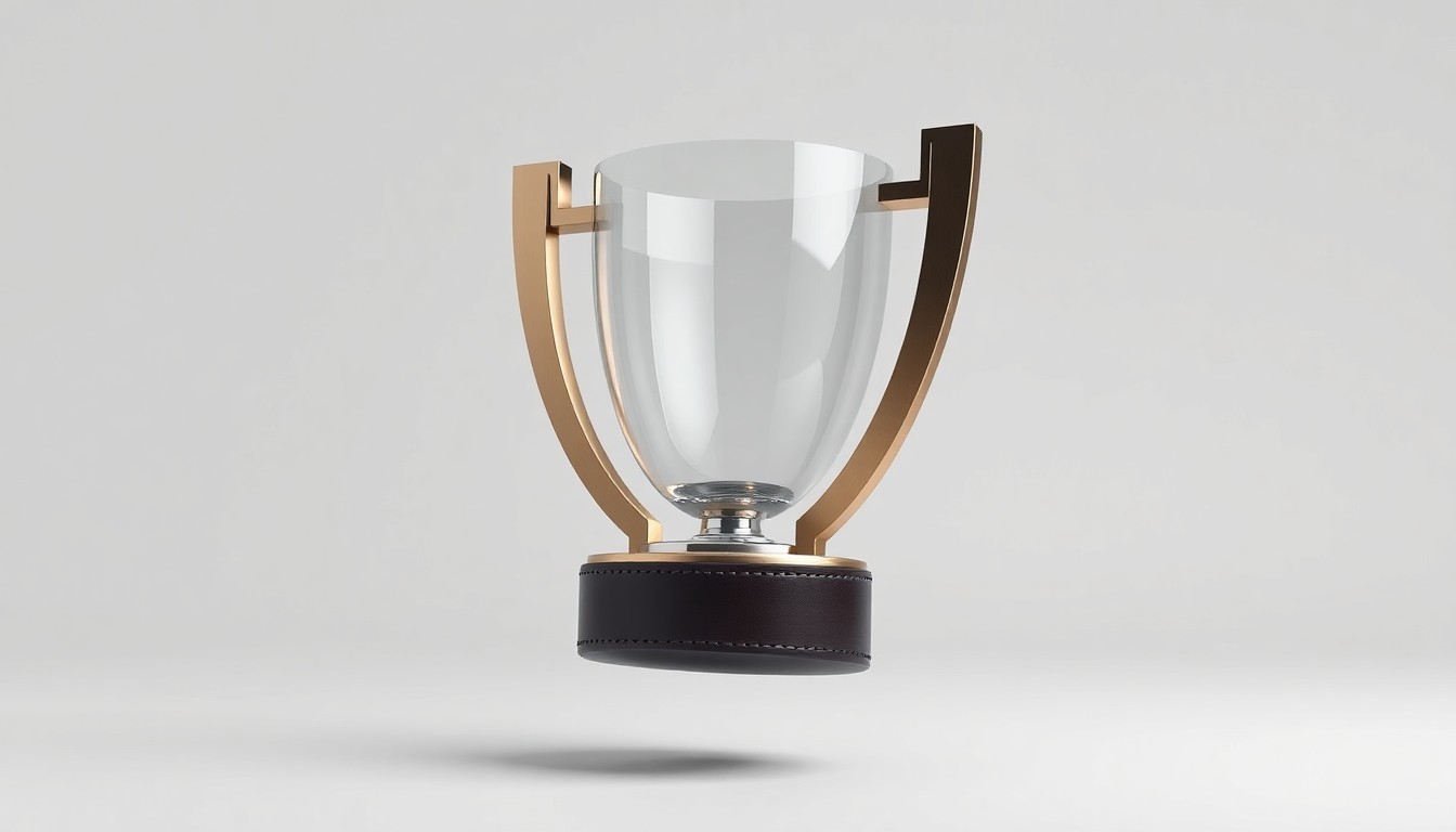 A sleek, minimalist studio photograph featuring a polished, geometric trophy or award made of premium materials, floating elegantly on a clean, monochromatic background, symbolizing the transition from athletic to business triumph.