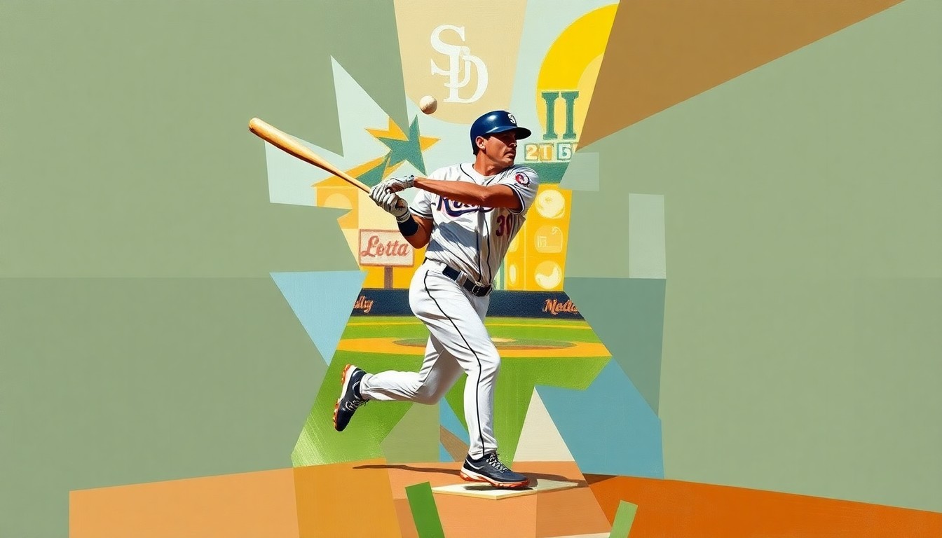 A cubist-style painting depicting a baseball game or match, with the players and field broken down into sharp, overlapping geometric shapes and planes in vibrant colors, representing the talent and versatility of San Diego Padres center fielder Jackson Merrill.