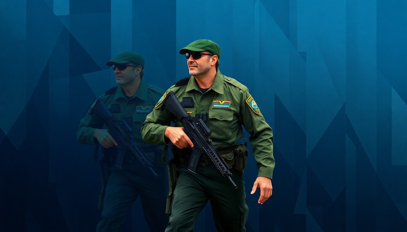 A dynamic, abstract painting depicting a border patrol agent in motion, with their uniform and gear repeated in overlapping, fractured geometric shapes in shades of blue, green, and grey, conveying a sense of movement and tension.