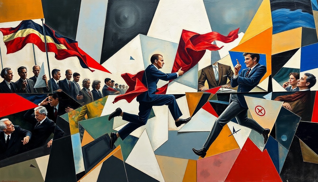 A fractured, abstract painting in vibrant colors depicting overlapping, geometric shapes and lines that suggest a subject related to global politics and international relations. The image conveys a sense of movement, tension, and the need for diplomatic maneuvering.