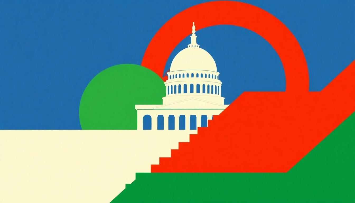 A vibrant abstract illustration composed of overlapping triangles and rectangles in shades of blue, green, and red, conceptually representing the expansion of government bureaucracy and tax administration.