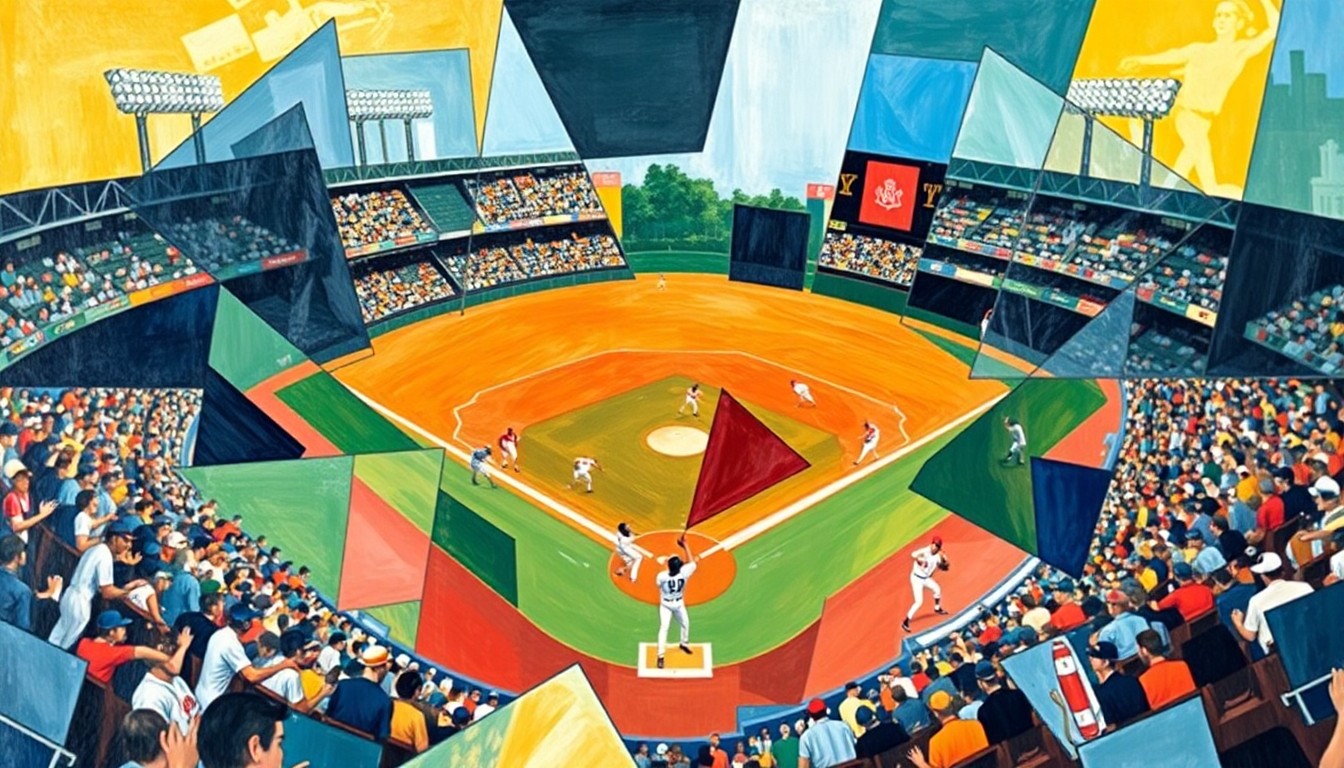 A fragmented, geometric painting depicting a baseball game in motion, with players and the field abstracted into sharp, overlapping planes of color and form, conveying the dynamic energy and excitement surrounding a promising young talent.