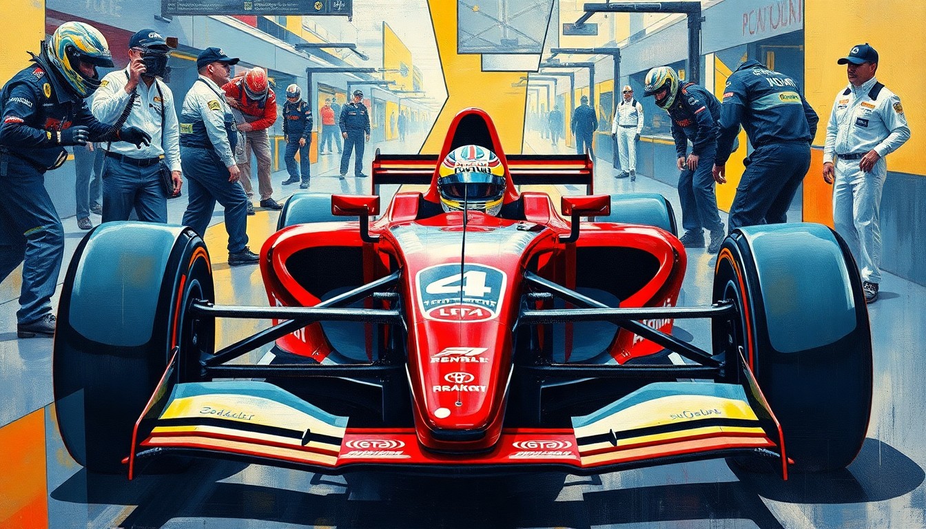 A cubist, geometric painting depicting a Formula 1 race car, driver, and pit crew members in a fractured, multi-perspective style, conceptually representing the instability and uncertainty surrounding Hamilton's engineering changes.