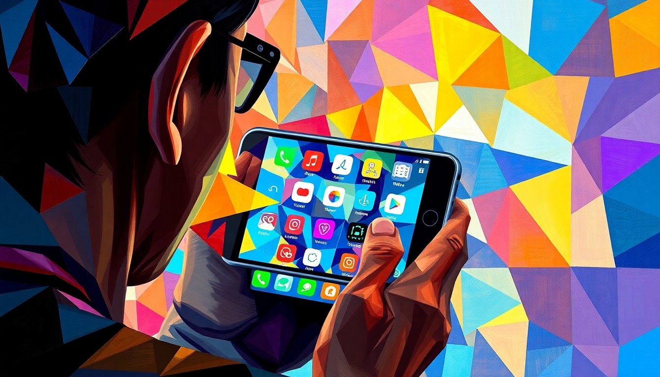 A fractured, abstract painting of a smartphone screen displaying social media app icons in overlapping geometric shapes and vibrant colors, conceptually representing the disruption and invasion of privacy caused by the Trump administration's proposed tourist social media disclosure policy.