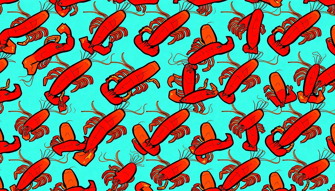 A high-contrast, brightly colored silkscreen print depicting a repeating grid pattern of a crawfish boil dish, capturing the lively and festive atmosphere of the annual Crawfish Festival in Jupiter, Florida.