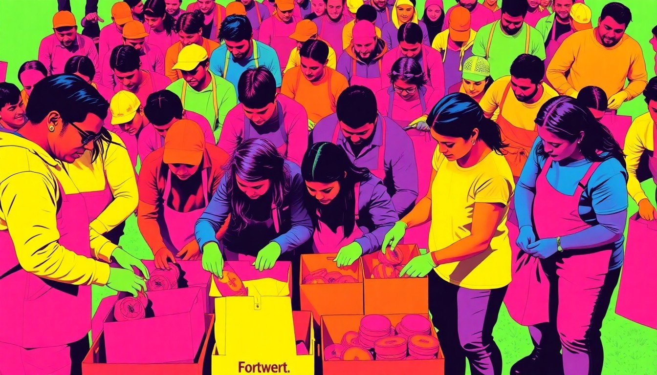 A vibrant, silkscreen-style illustration depicting a grid of people volunteering together, such as sorting food or cleaning up a park, in a bold, pop art-inspired color palette.