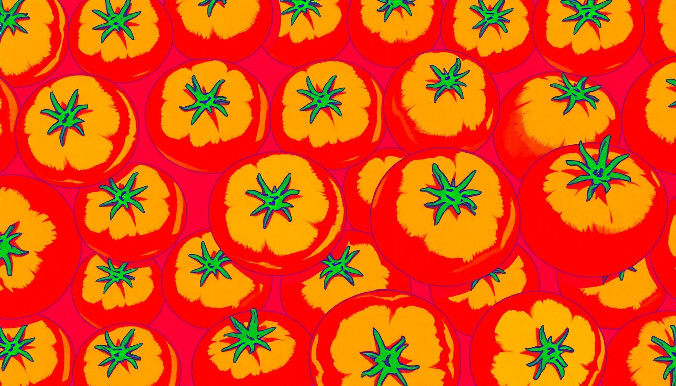 A grid of brightly colored, high-contrast silkscreen images of a single fresh produce item, such as an orange or tomato, conceptually representing the energy and community of a beloved local farmers market.