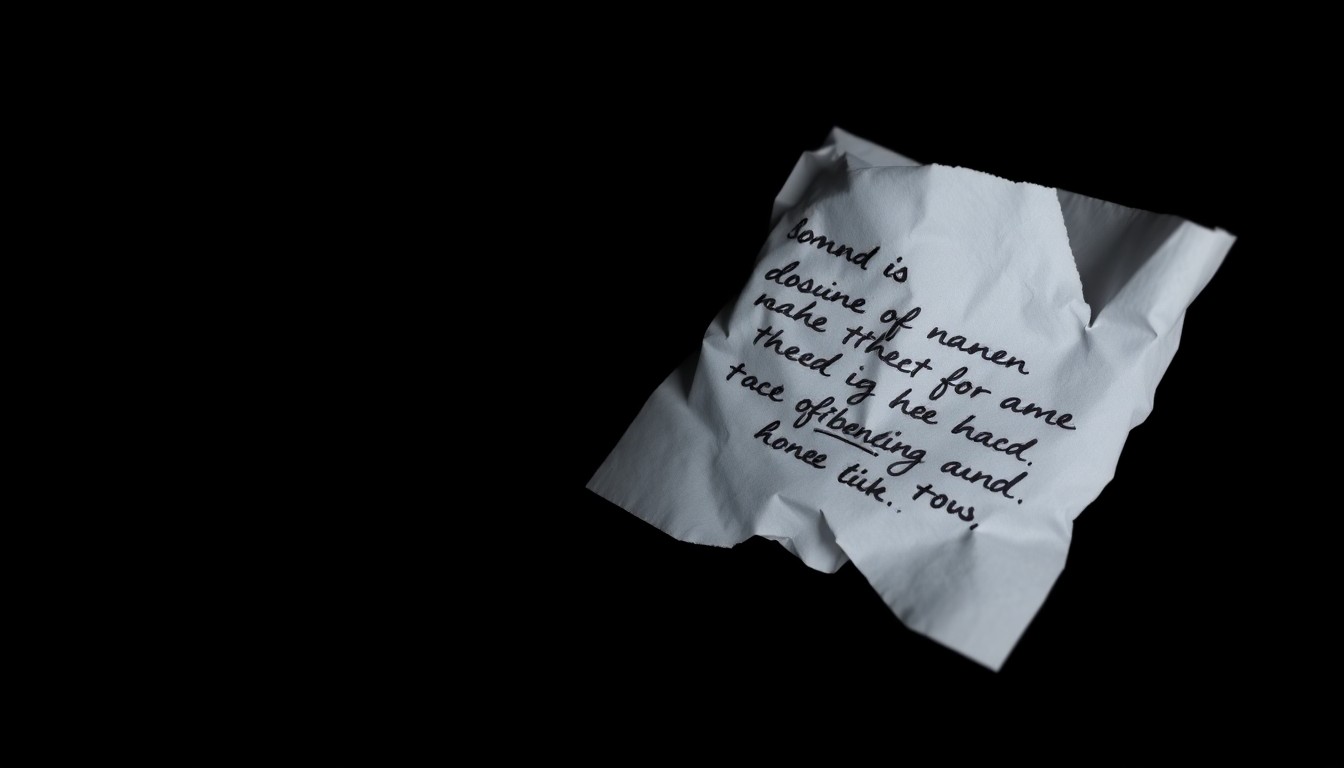An extreme close-up photograph of a crumpled piece of paper with handwritten text, lit by a harsh, direct camera flash against a pitch-black background, conceptually representing the gritty investigation and aftermath of a sexual assault case.