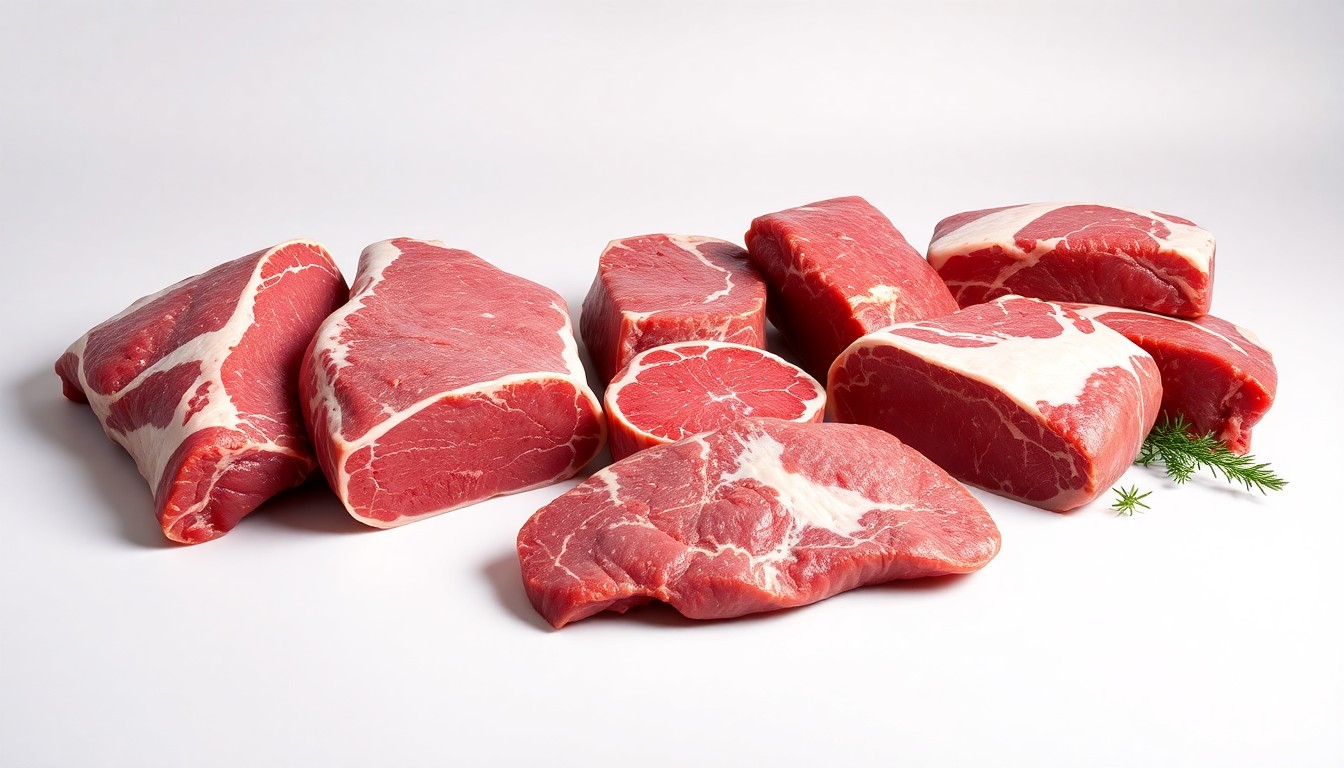 A photorealistic studio still life featuring a selection of premium, polished raw meat cuts arranged elegantly on a clean, monochromatic background, conceptually representing the quality and craftsmanship of Better For Butchery's meat processing.
