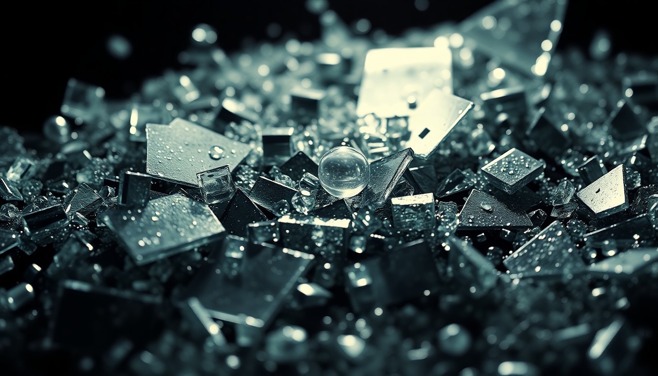 An abstract close-up image featuring shattered glass, metallic surfaces, and dramatic high-contrast lighting, conveying a sense of the gritty, villainous nature of the Tombstone character.