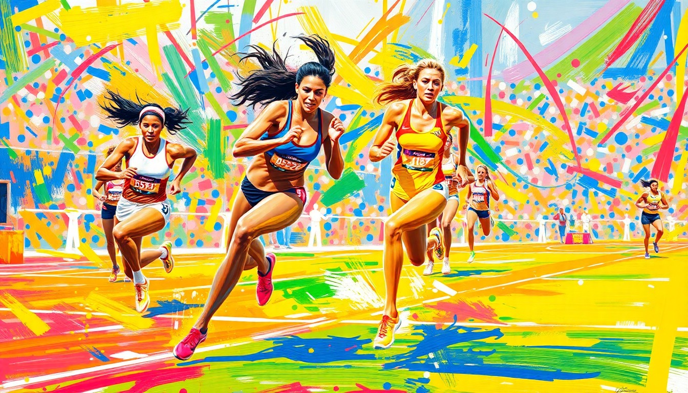 An abstract, energetic painting in vibrant neon colors and expressive brushstrokes, capturing the raw athleticism and competitive spirit of a women's track and field event.