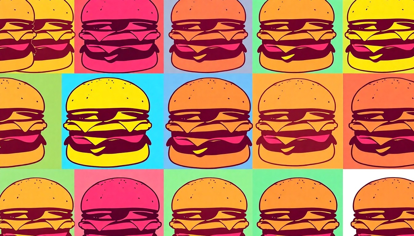 A vibrant, high-contrast silkscreen print of a single Burger King slider burger repeated in a grid pattern, using bold neon colors and heavy black outlines to transform the everyday fast food item into a modern pop art piece.